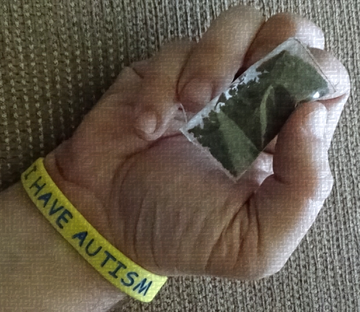 An autistic person's hand holding a bad of marijuana.