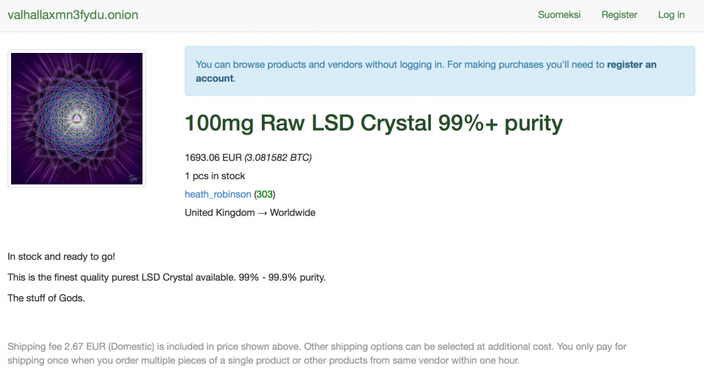 Screenshot of dark net drug market place.